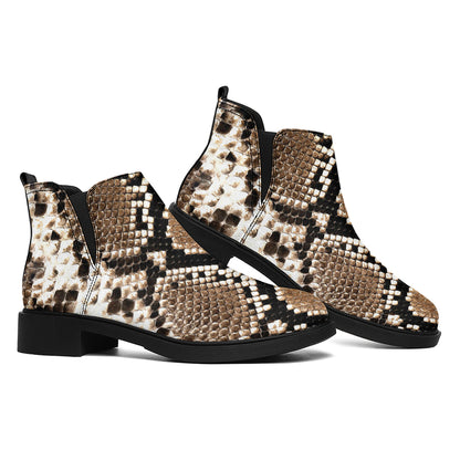 Brown Python Snakeskin Print Flat Ankle Boots