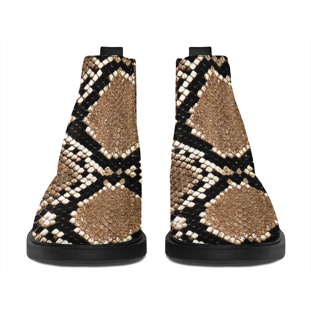 Brown Python Snakeskin Print Flat Ankle Boots