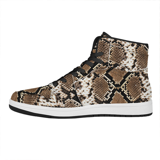 Brown Python Snakeskin Print High Top Leather Sneakers