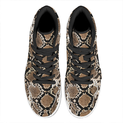 Brown Python Snakeskin Print High Top Leather Sneakers
