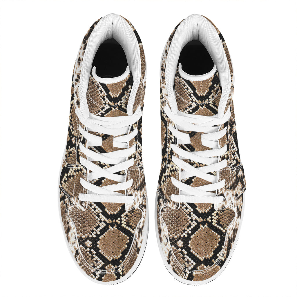 Brown Python Snakeskin Print High Top Leather Sneakers