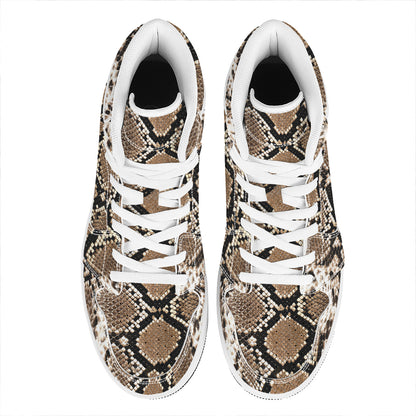 Brown Python Snakeskin Print High Top Leather Sneakers