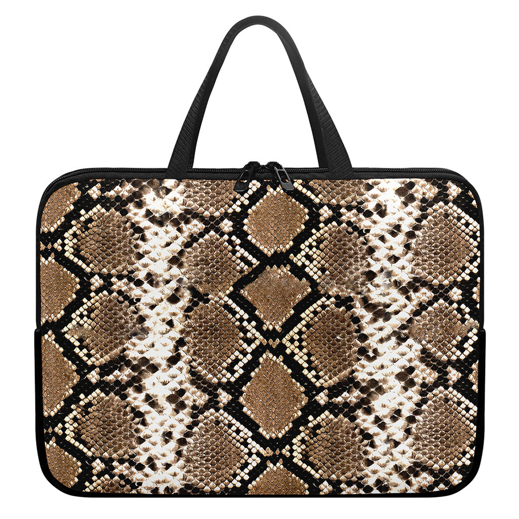 Brown Python Snakeskin Print Laptop Sleeve With Handle