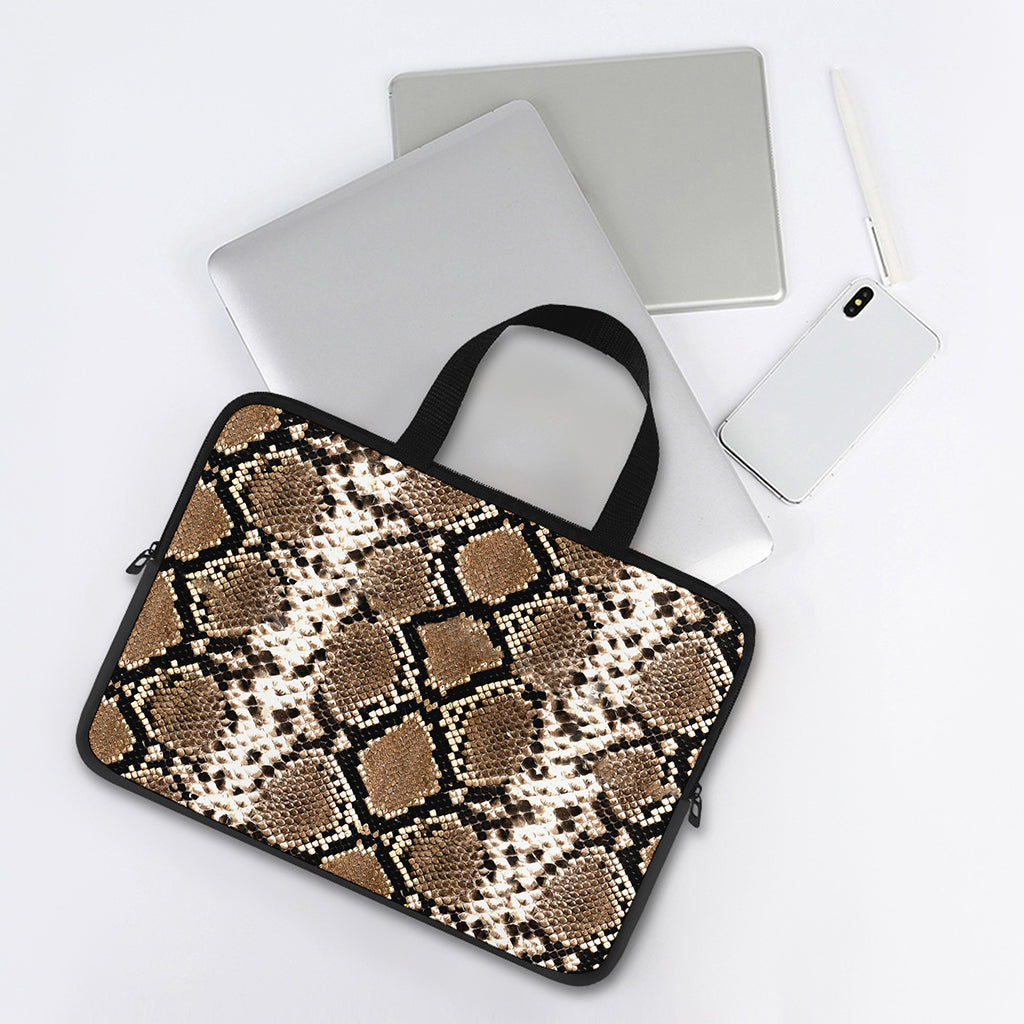 Brown Python Snakeskin Print Laptop Sleeve With Handle