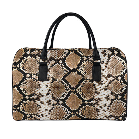 Brown Python Snakeskin Print Leather Duffle Bag