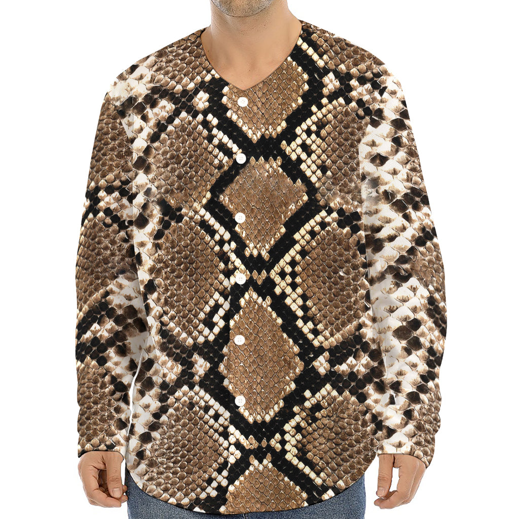 Brown Python Snakeskin Print Long Sleeve Baseball Jersey