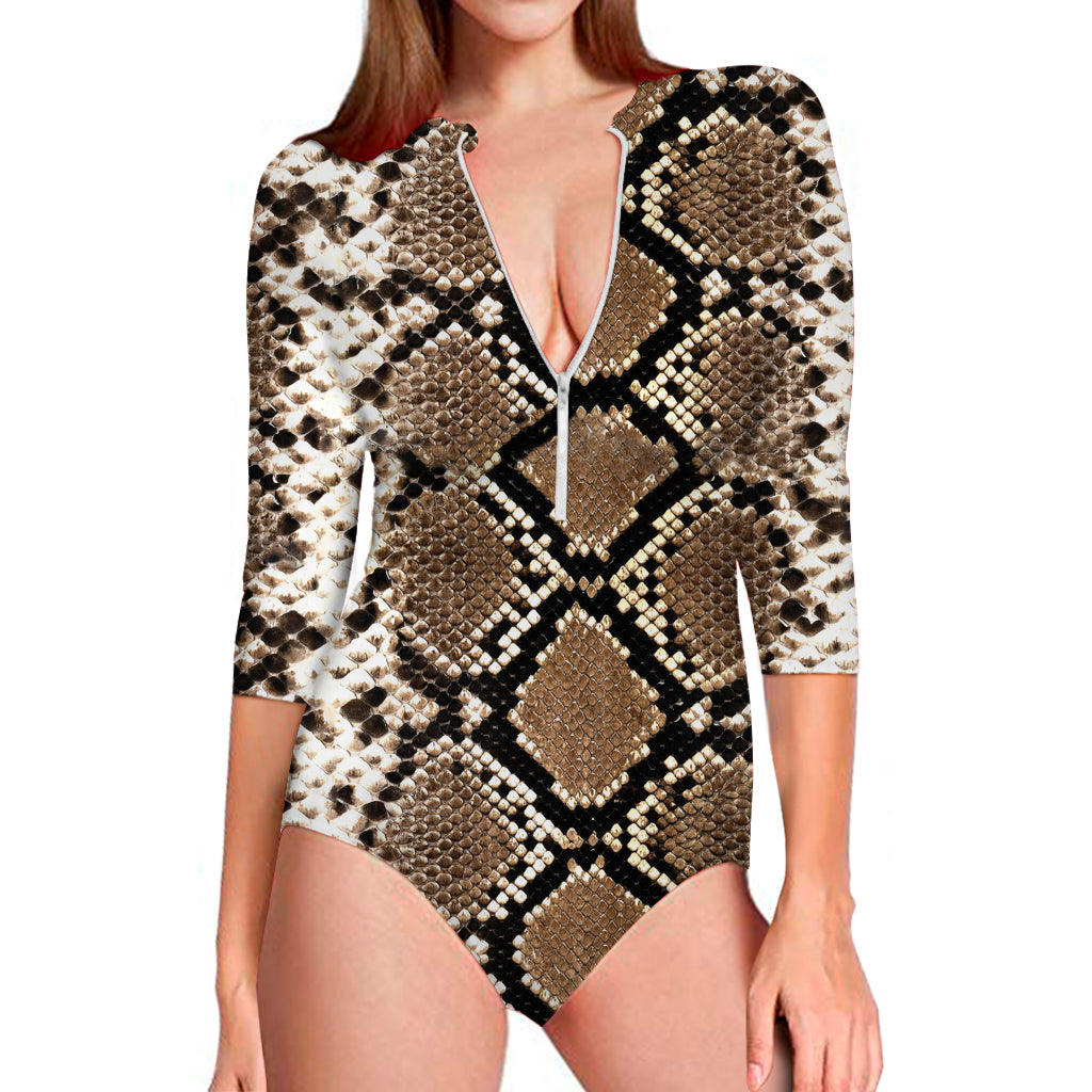Brown Python Snakeskin Print Long Sleeve Swimsuit