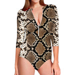 Brown Python Snakeskin Print Long Sleeve Swimsuit