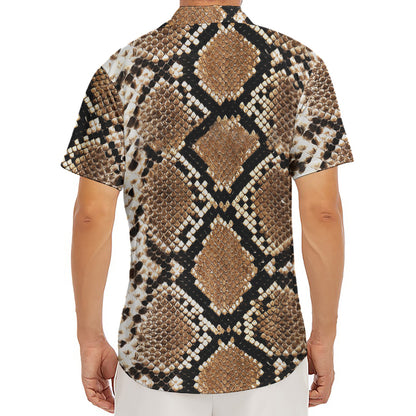 Brown Python Snakeskin Print Men's Deep V-Neck Shirt