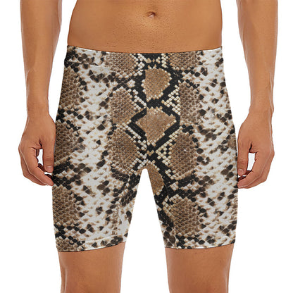 Brown Python Snakeskin Print Men's Long Boxer Briefs