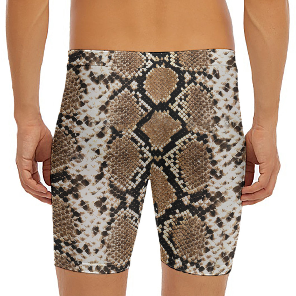 Brown Python Snakeskin Print Men's Long Boxer Briefs