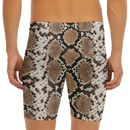 Brown Python Snakeskin Print Men's Long Boxer Briefs