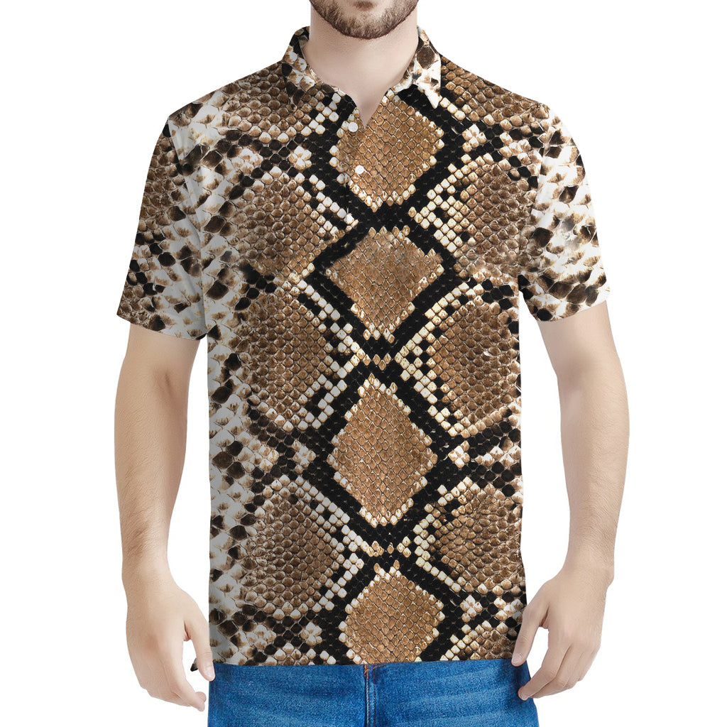 Brown Python Snakeskin Print Men's Polo Shirt