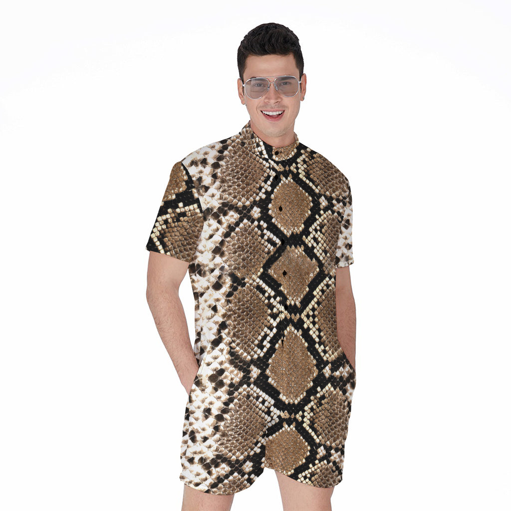 Brown Python Snakeskin Print Men's Rompers