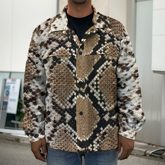 Brown Python Snakeskin Print Men's Shirt Jacket