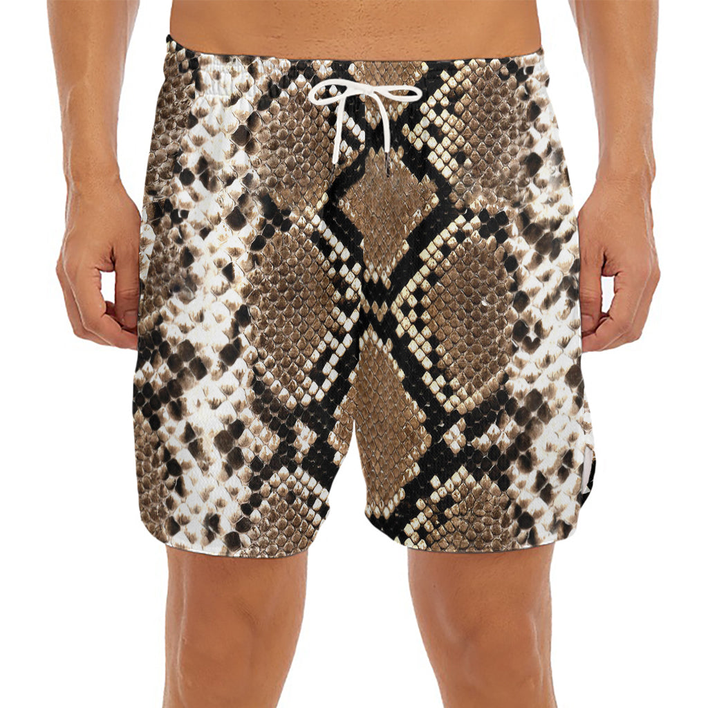 Brown Python Snakeskin Print Men's Split Running Shorts