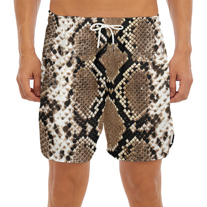 Brown Python Snakeskin Print Men's Split Running Shorts