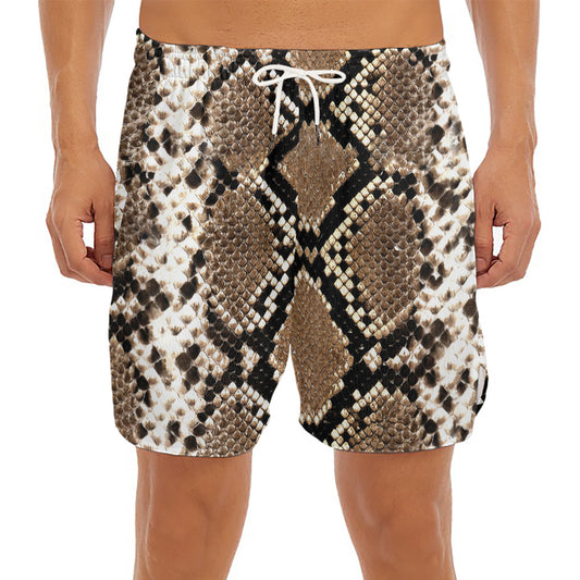 Brown Python Snakeskin Print Men's Split Running Shorts