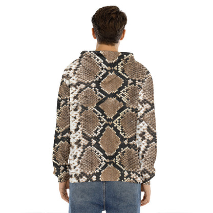 Brown Python Snakeskin Print Men's Velvet Pullover Hoodie