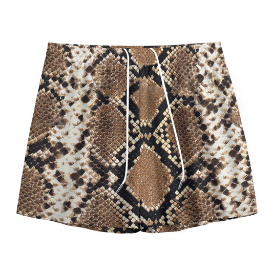 Brown Python Snakeskin Print Mesh Shorts