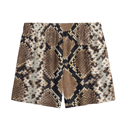 Brown Python Snakeskin Print Mesh Shorts