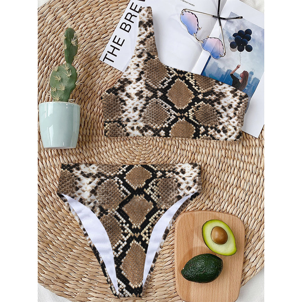 Brown Python Snakeskin Print One Shoulder Bikini Top