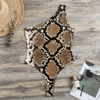 Brown Python Snakeskin Print One Shoulder Bodysuit
