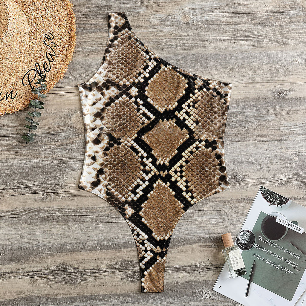 Brown Python Snakeskin Print One Shoulder Bodysuit