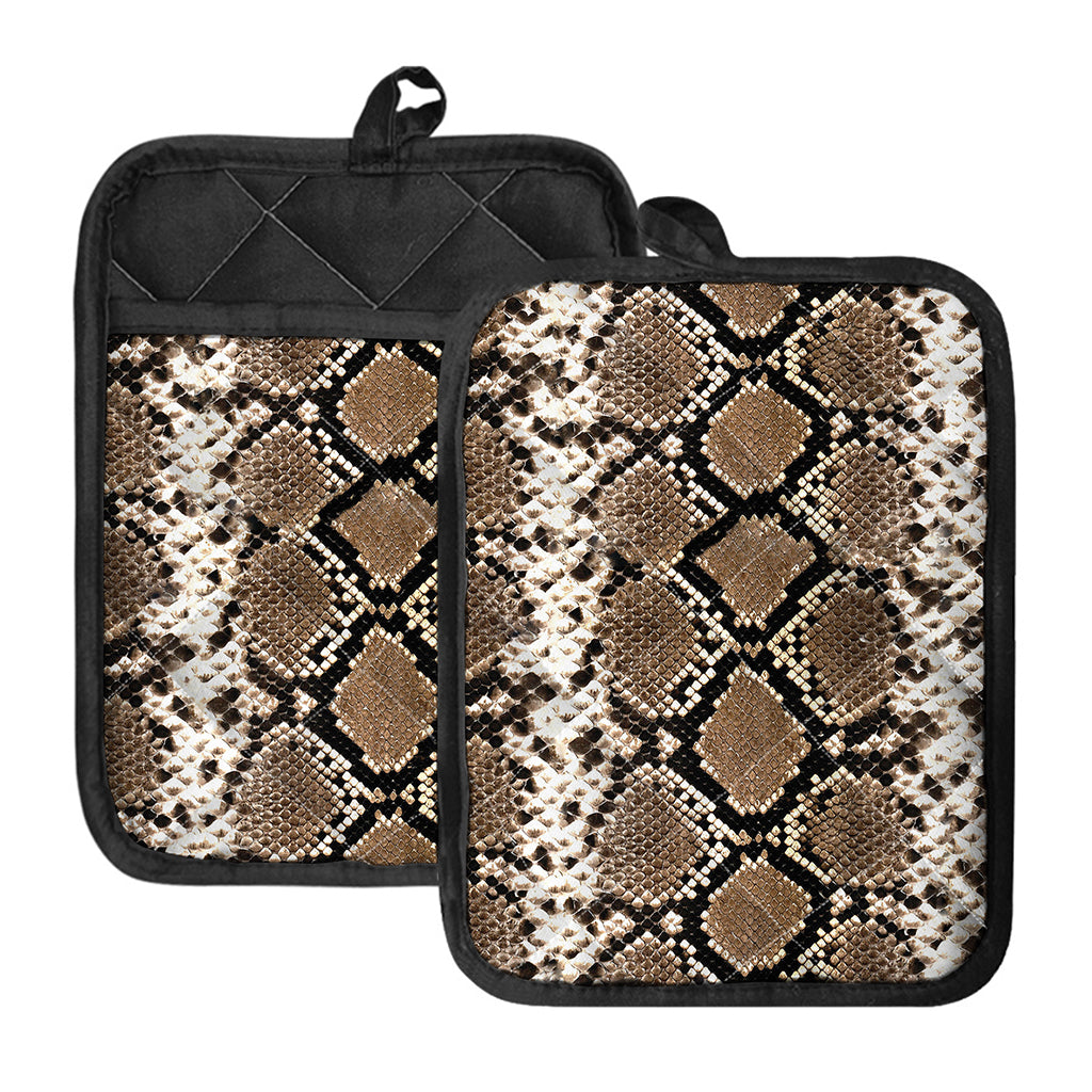 Brown Python Snakeskin Print Pot Holders With Pocket