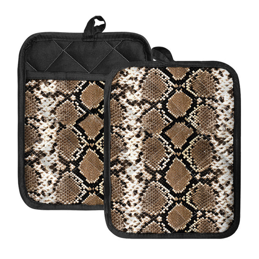 Brown Python Snakeskin Print Pot Holders With Pocket