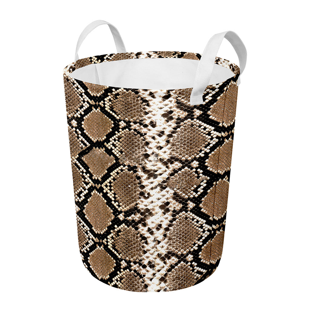 Brown Python Snakeskin Print Round Laundry Basket