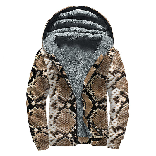 Brown Python Snakeskin Print Sherpa Lined Zip Up Hoodie