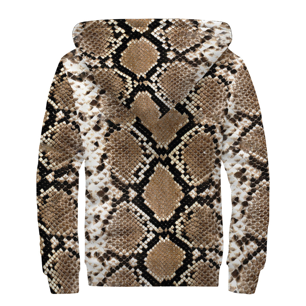 Brown Python Snakeskin Print Sherpa Lined Zip Up Hoodie