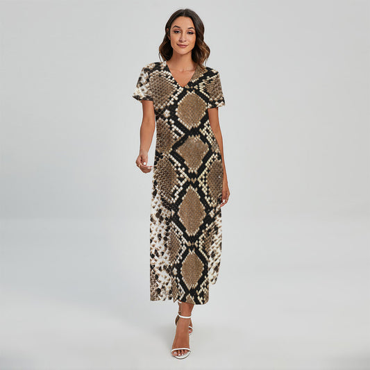Brown Python Snakeskin Print Short Sleeve Maxi Dress