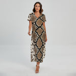 Brown Python Snakeskin Print Short Sleeve Maxi Dress