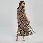 Brown Python Snakeskin Print Short Sleeve Maxi Dress