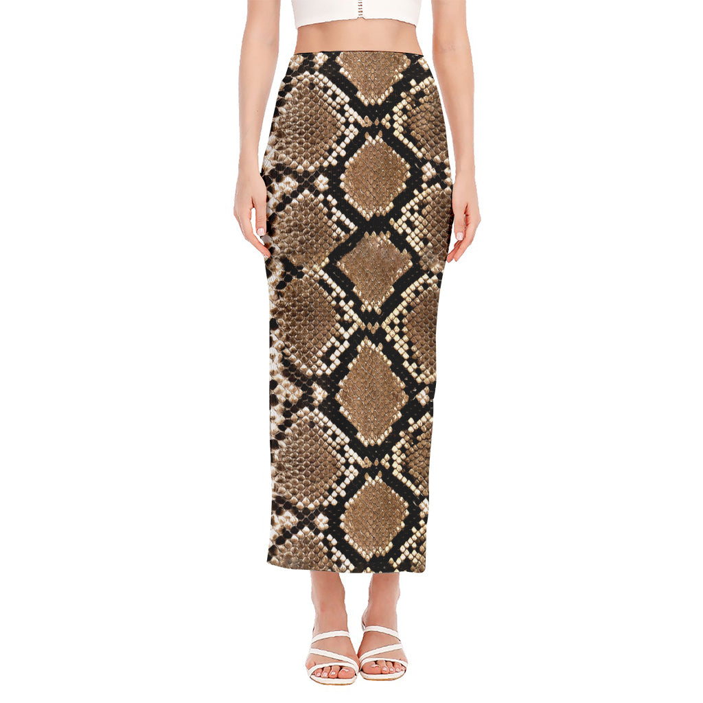 Brown Python Snakeskin Print Side Slit Maxi Skirt