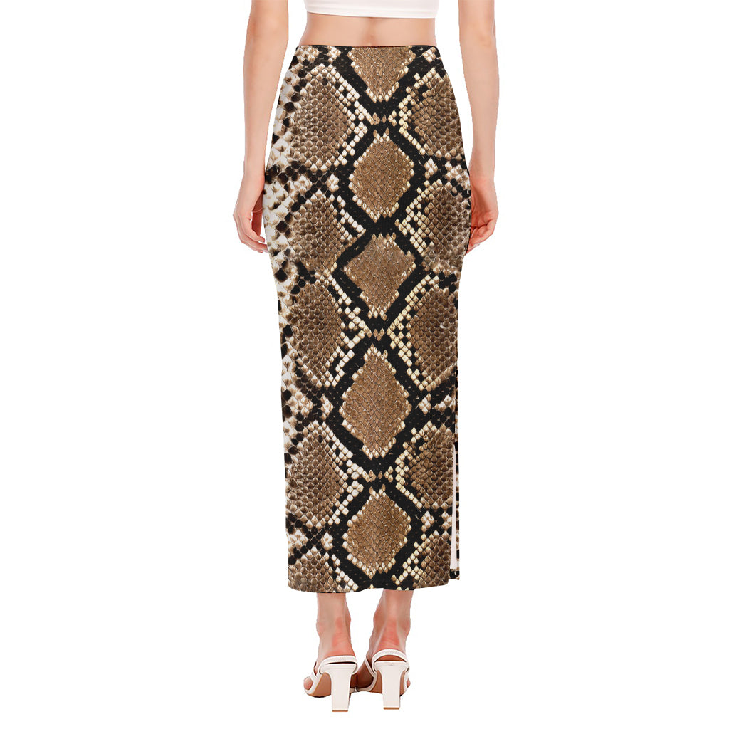 Brown Python Snakeskin Print Side Slit Maxi Skirt