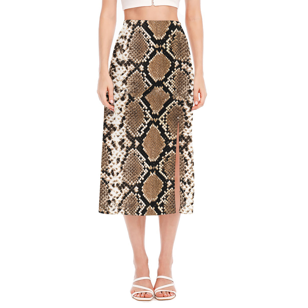 Brown Python Snakeskin Print Side Slit Midi Skirt