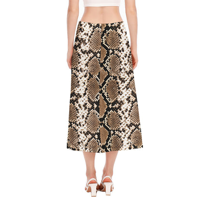 Brown Python Snakeskin Print Side Slit Midi Skirt