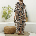Brown Python Snakeskin Print Silk V-Neck Kaftan Dress