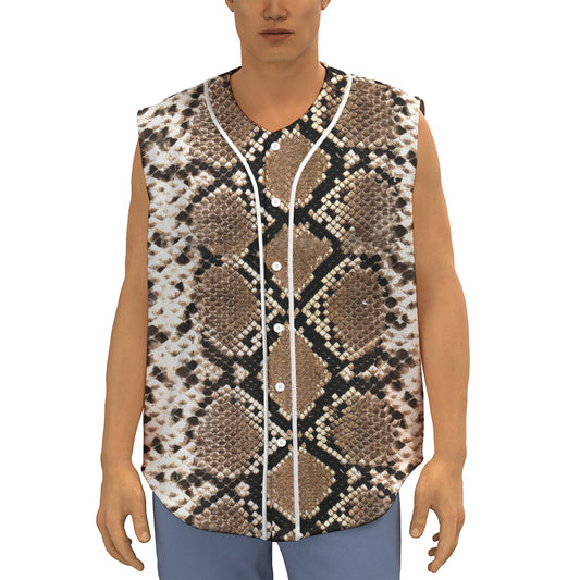 Brown Python Snakeskin Print Sleeveless Baseball Jersey