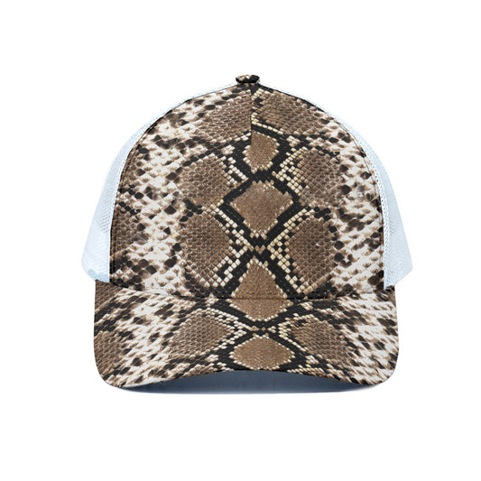 Brown Python Snakeskin Print White Mesh Trucker Cap