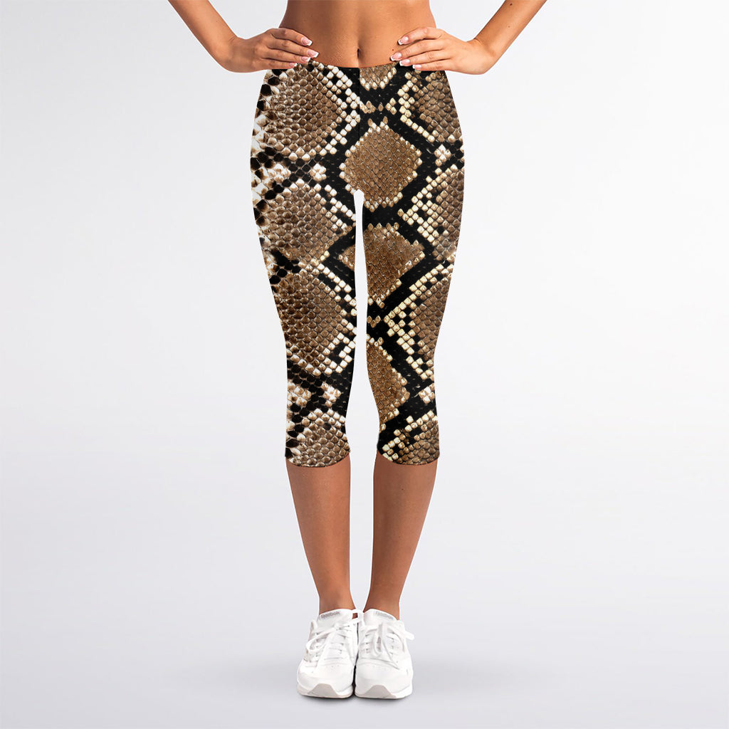 Brown Python Snakeskin Print Women's Capri Leggings