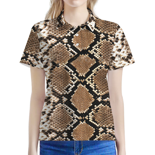 Brown Python Snakeskin Print Women's Polo Shirt