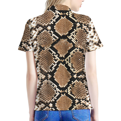 Brown Python Snakeskin Print Women's Polo Shirt
