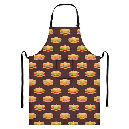 Brown Sandwiches Pattern Print Bib Apron With Pocket