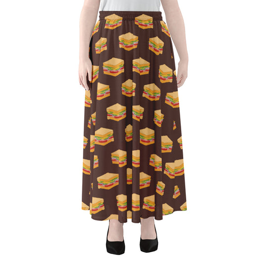 Brown Sandwiches Pattern Print Chiffon Maxi Skirt