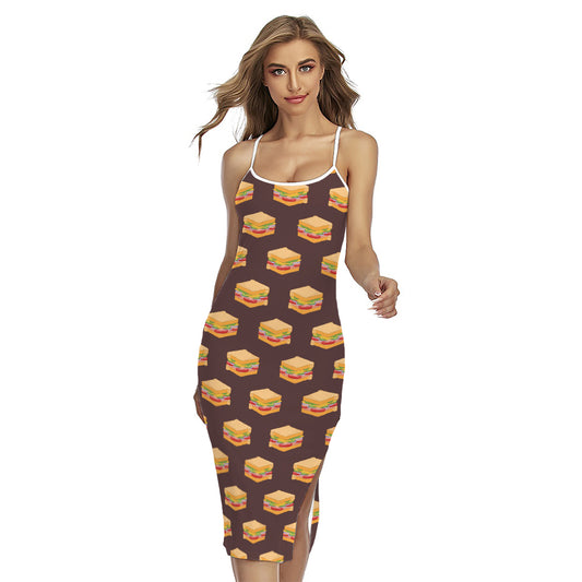 Brown Sandwiches Pattern Print Cross Back Cami Dress
