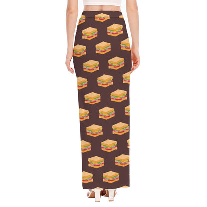 Brown Sandwiches Pattern Print High Slit Maxi Skirt